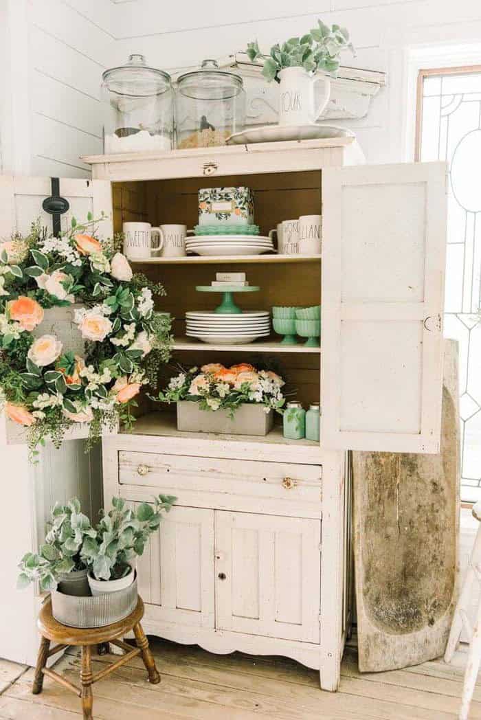 Decorate A Vintage Cabinet With Pink And Green