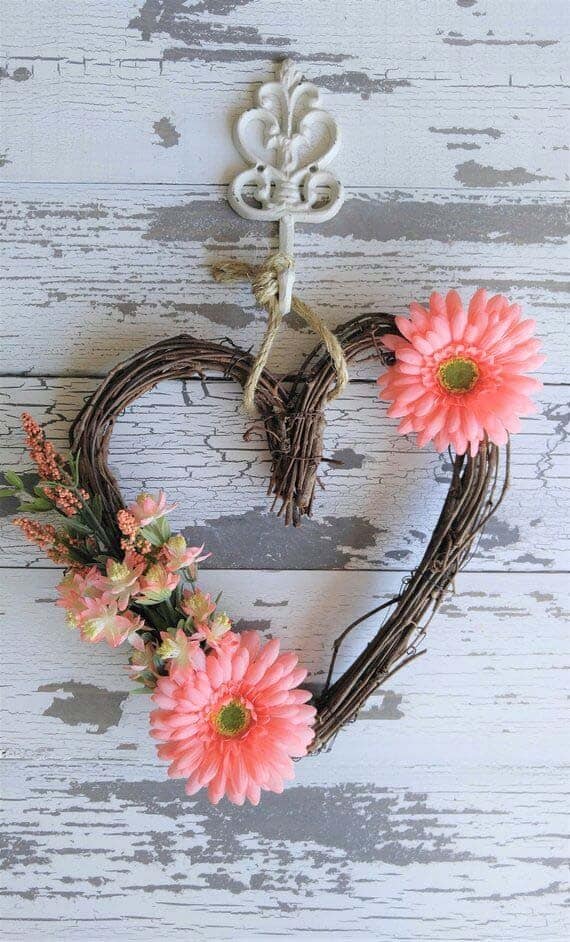 Use a Grapevine Heart Wreath with Pink Flowers