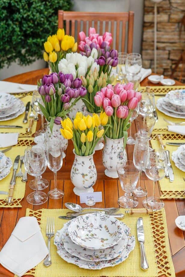 Stunning Spring Table Setting with Vintage Vases and Tulips