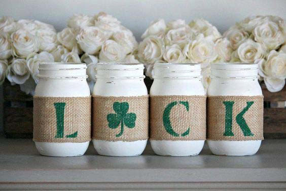 Rustic Painted Jars with Burlap and Luck Message