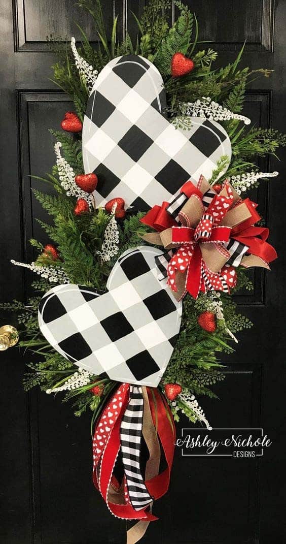 Elegant Double Black Buffalo Check Heart Swag Wreath