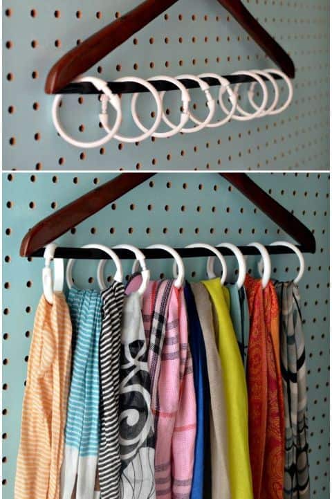 Neatly Store Scarfs with SHower Hooks on Hangers