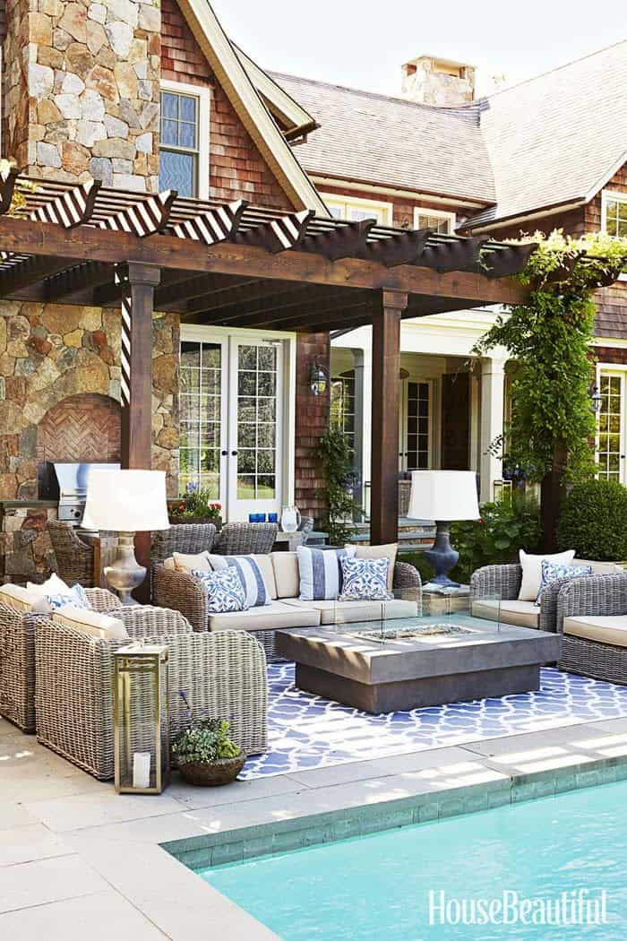 Dark Wood Beachy Fire Pit Pergola