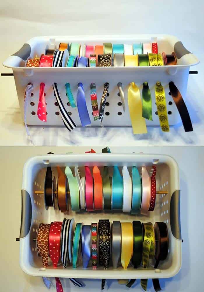 Keep Ribbons Neatly Organized with Plastic Baskets & Dowels