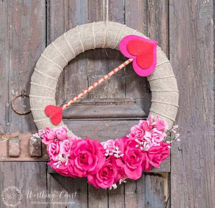 Add Flowers and Cupid’s Arrow to a Burlap Wreath