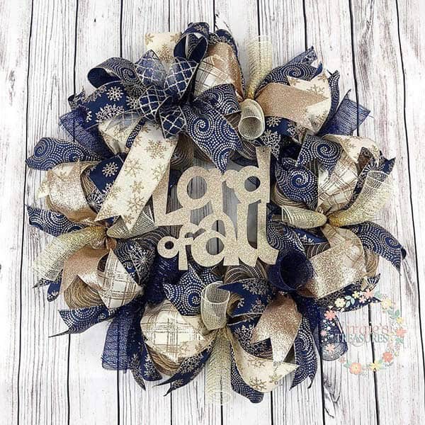 Decorate Outdoors with Navy and Gold Faux Christmas Wreath