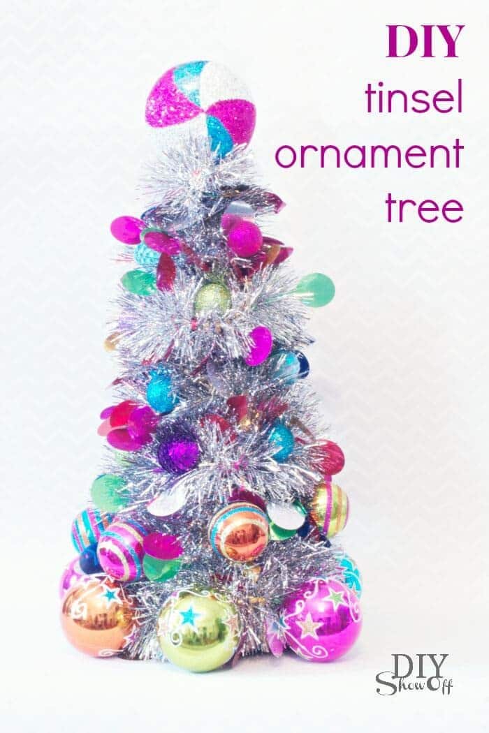 Colorful Ornaments On DIY Tinsel Tree