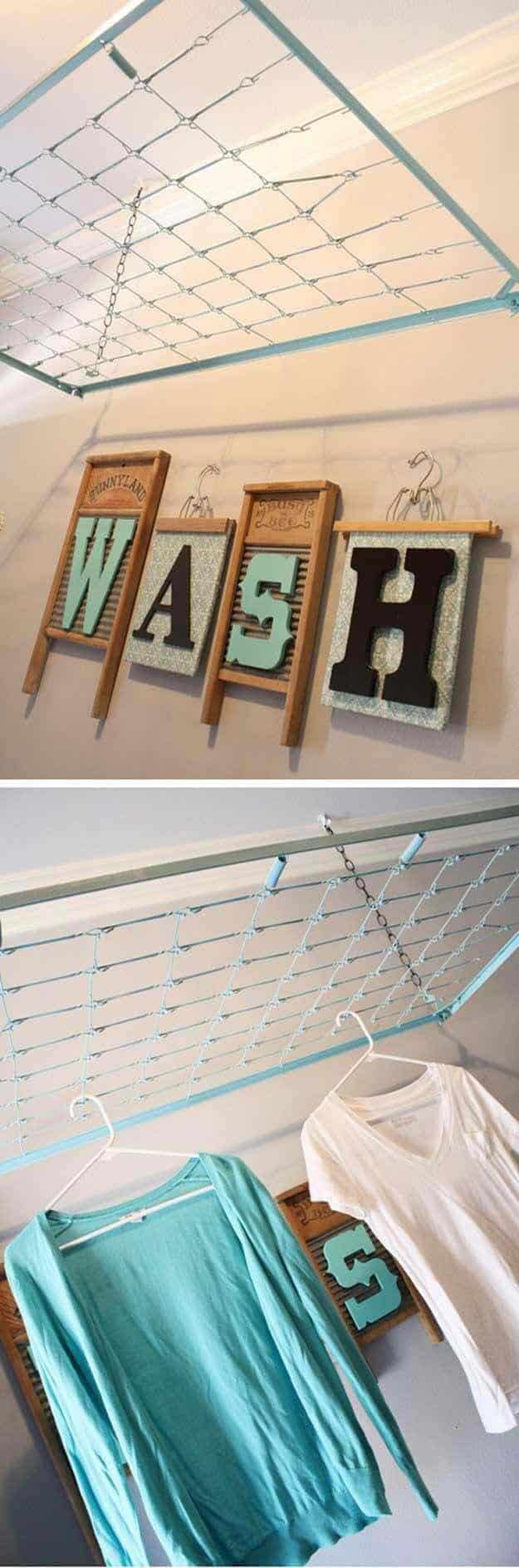 Laundry Room with Repurposed Washboard and Hangers