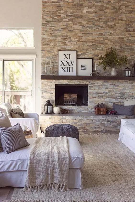 Modern Farmhouse Living Room With Faux Stone Accent Wall