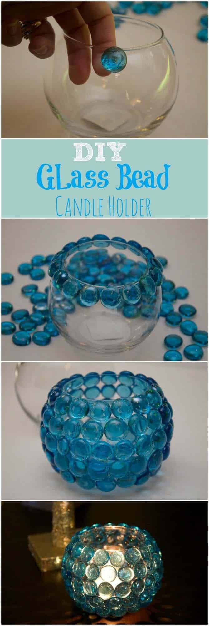 DIY Blue Glass Bead Candle Holder