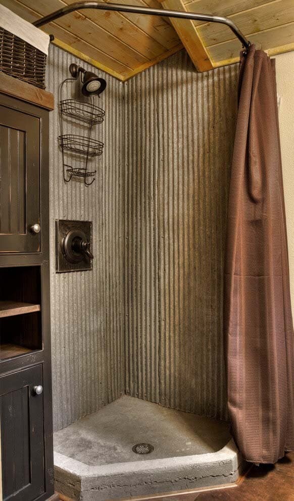 Rustic Corner Shower Saves Space