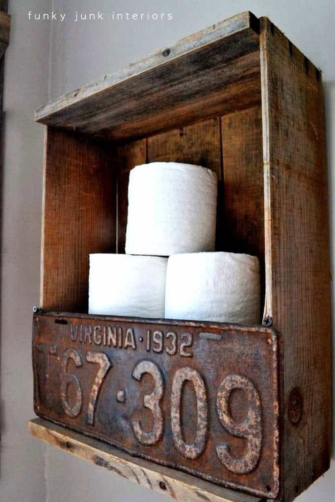 Toilet Paper Holder with Reclaimed Wood and License Plate