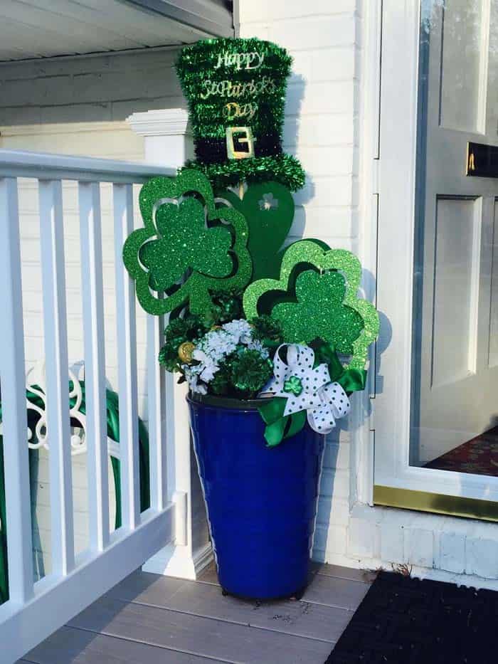 Decorate Front Door Planter with Shamrocks and Ribbon