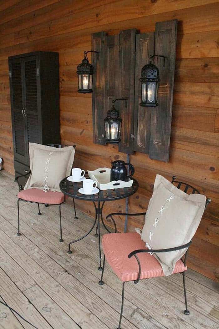 Create a Farmhouse Porch with Wall Shutters and Lanterns