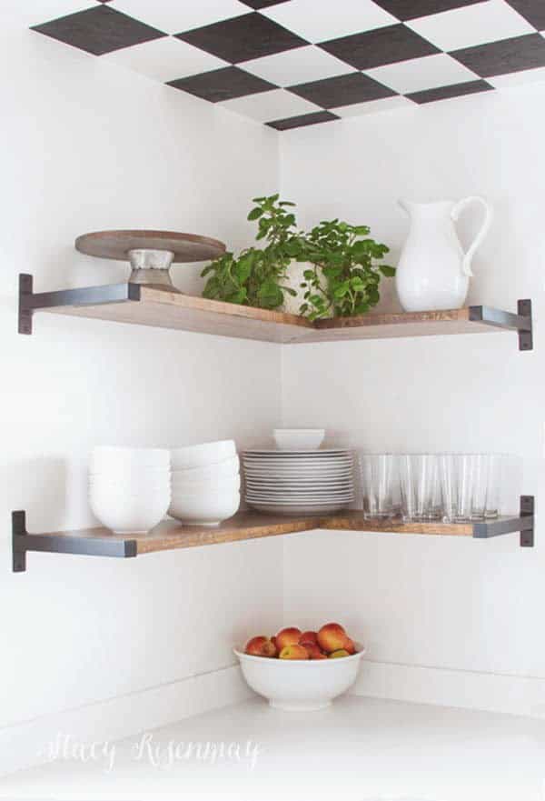 Chic Dark Wood and Iron Corner Shelves