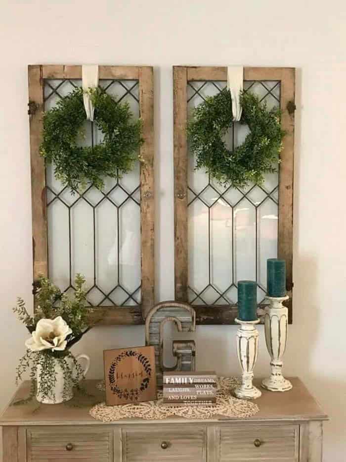 Add Simple Green Wreaths To Vintage Windows