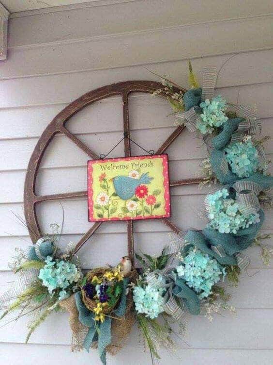 Upcycle a Wagon Wheel into Easter Decor with Flowers