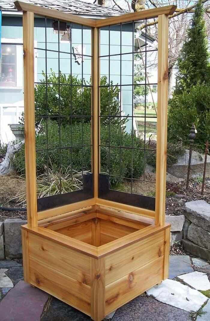 Utilize Corners with Wooden Planter Box and Flower Trellis