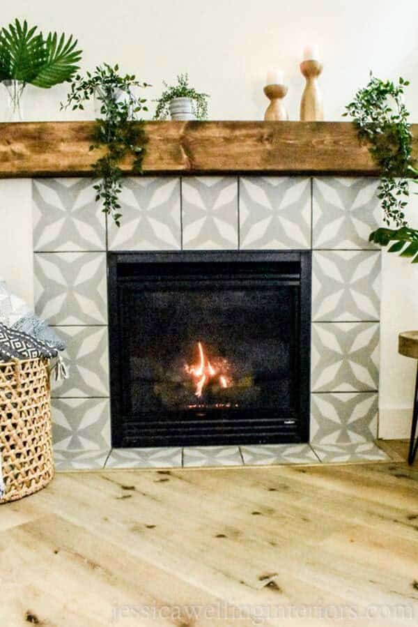 Modern Fireplace with Kaleidoscope Tiles and Wood Mantel