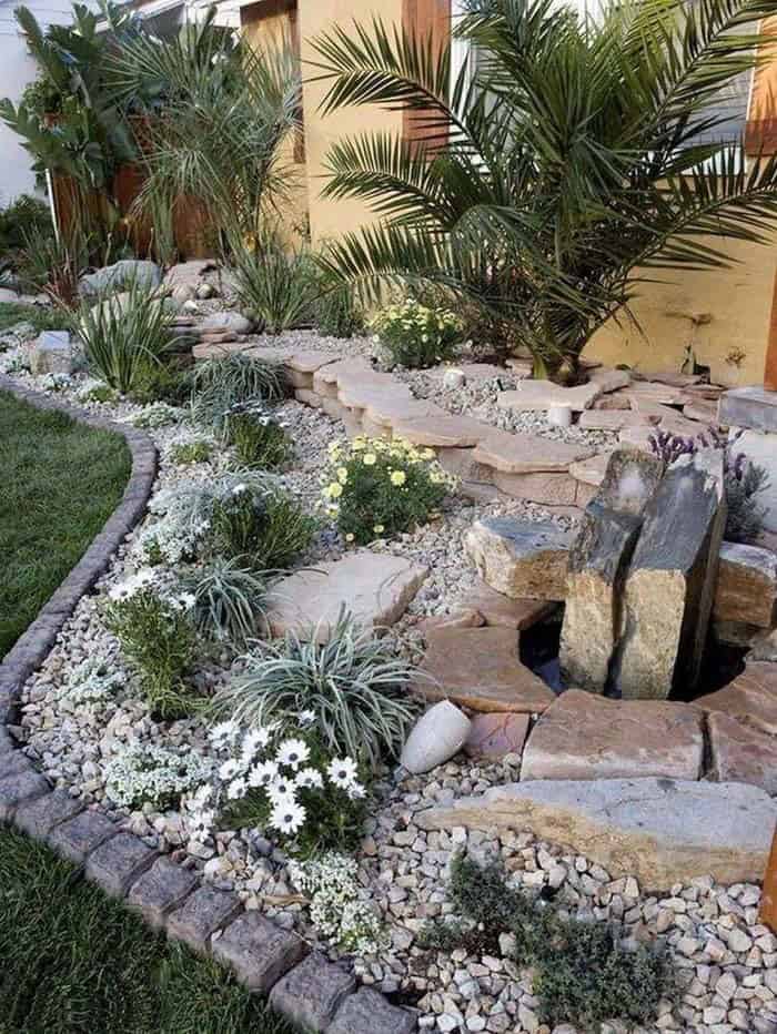 Terraced Hardscape with Plants and a Fountain