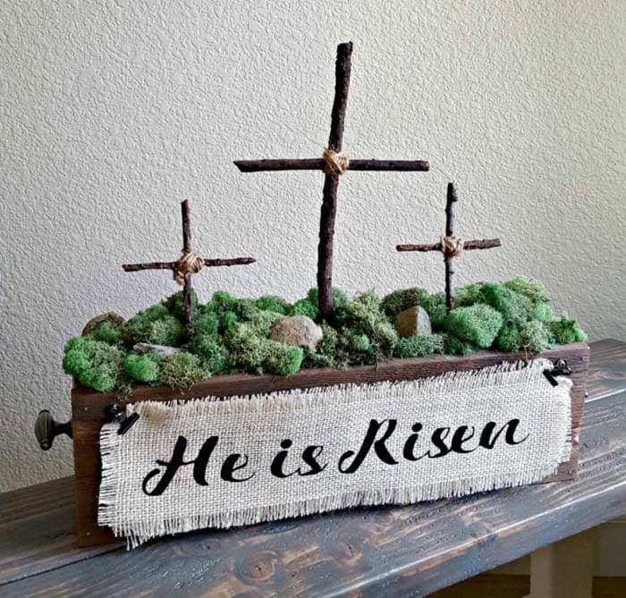 Decorative Easter Wooden Box with Rocks and a Cross