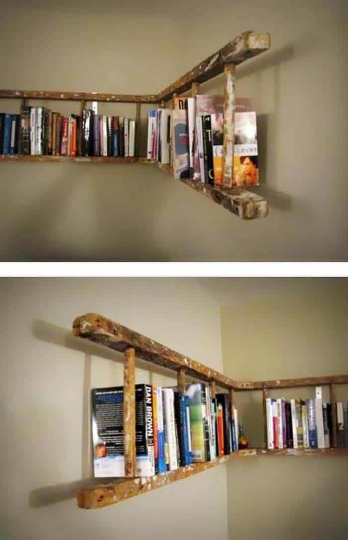 Broken Wood Ladder Becomes Rustic Bookshelf