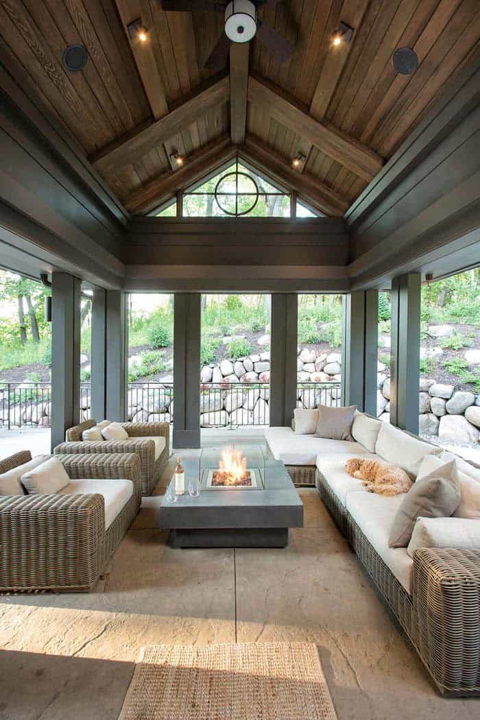 Coastal Chic Sunroom With Fire Pit