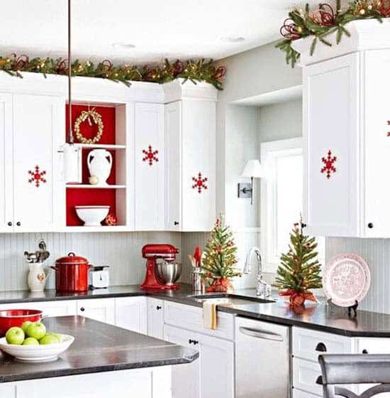 Add Color to White Kitchen Cabinets with Red Snowflakes