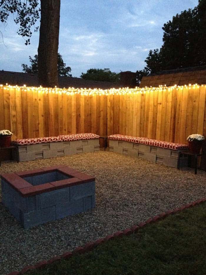 Cozy Patio Setting with DIY Cinder Benches and Fairy Lights