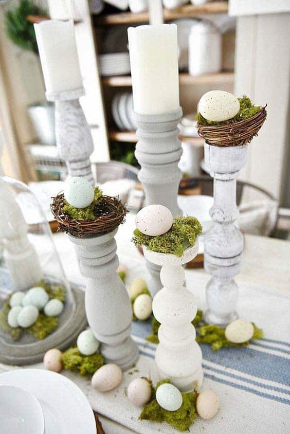 Hold Easter Egg Nests on Whitewashed Candleholders