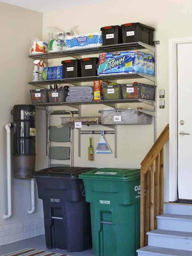 Utilize Corner Storage with Shelves and Bins