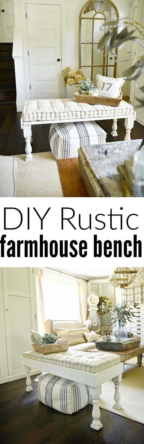 Farmhouse Cushioned Bench With Spindle Legs