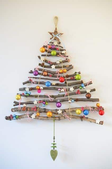 Create Rustic Wall Christmas Tree with Sticks and Ornaments