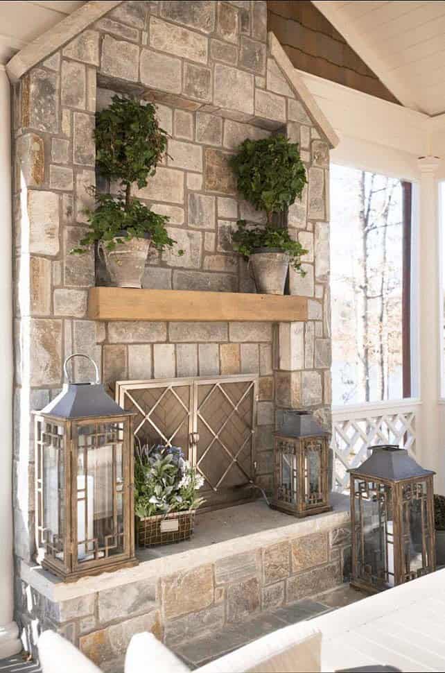 Stone Fireplace with Natural Fieldstone and Metal Screen