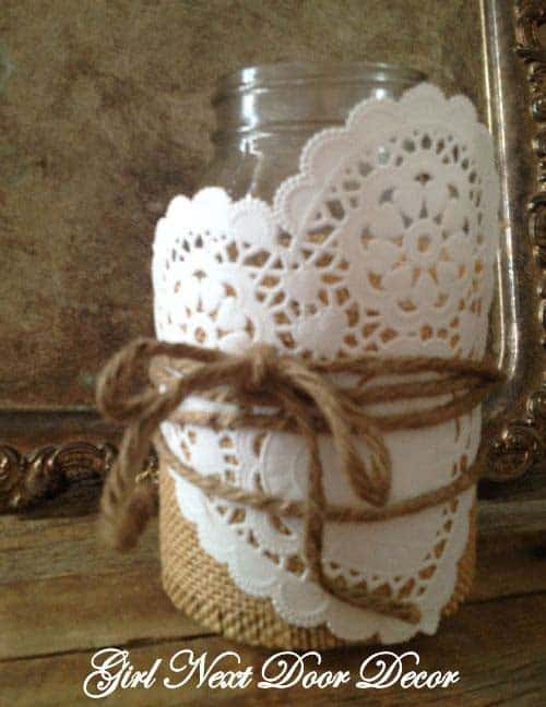 Wrap a Mason Jar with Doily and Tie with Twine