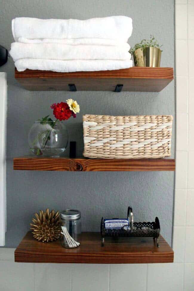 Create Modern Rustic Look with Dark-Stained Floating Shelves