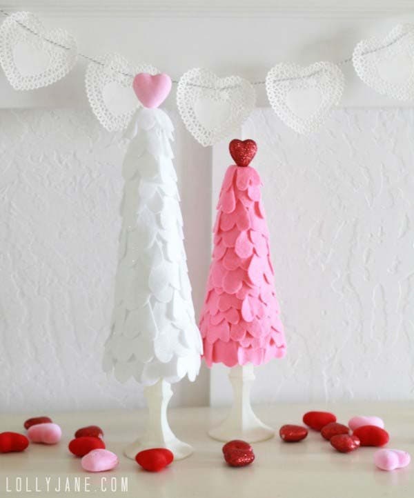 Valentine’s Day Tree with Styrofoam Cones and Felt Hearts