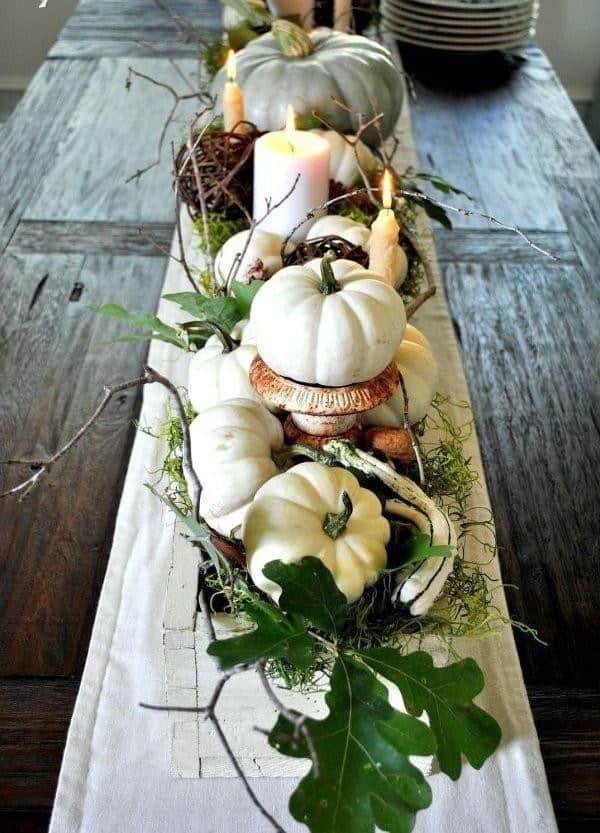 Elevate a Rustic Wooden Table Runner with White Pumpkins