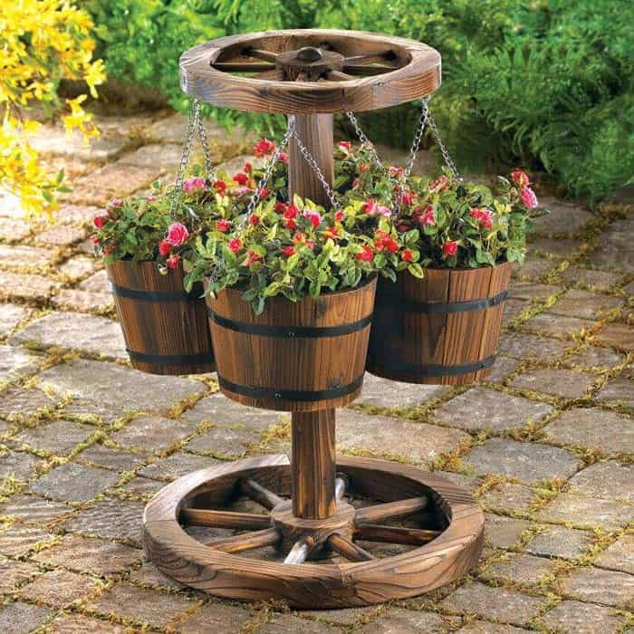 Rustic Wagon Wheel Hanging Planter Stand