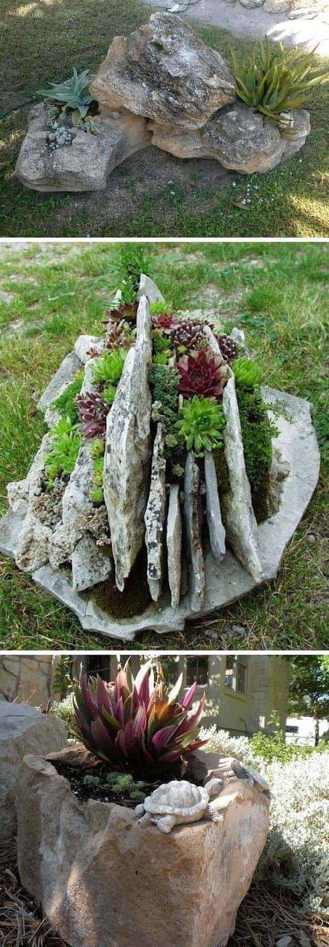 Build Rock Gardens With Large Stones and Plant Containers