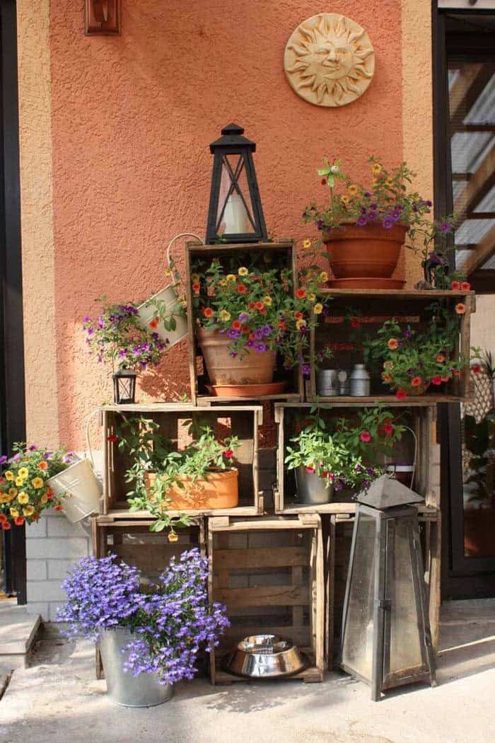 Stacked Spring Garden In Wooden Crates