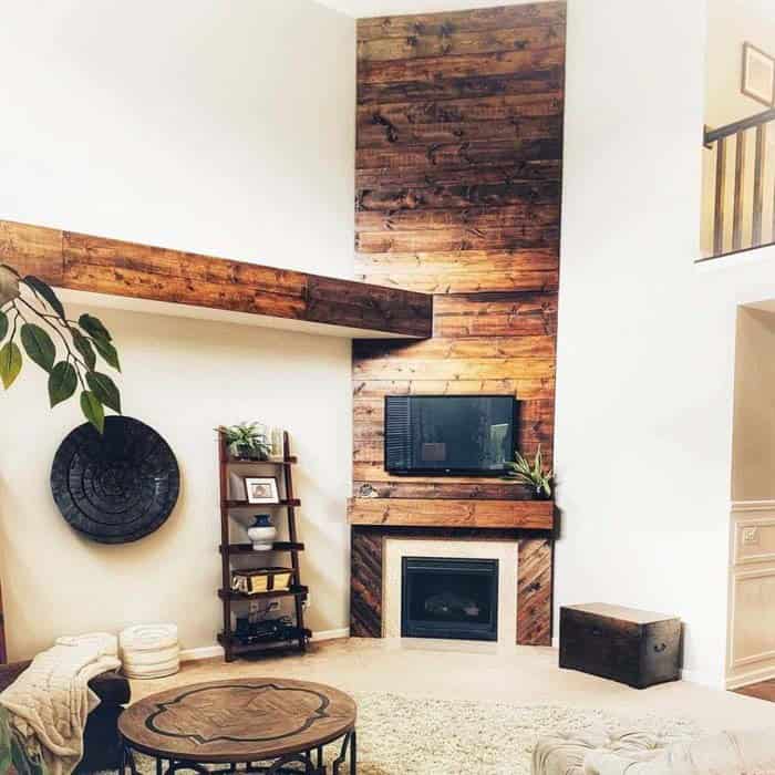 Dark Stained Accent Wall Above The Mantel