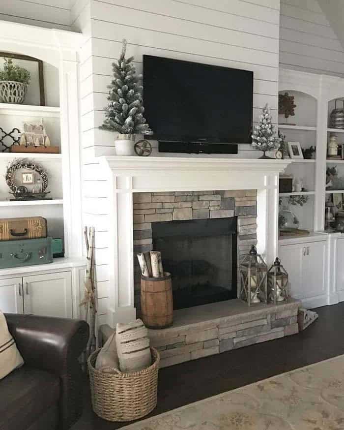 Fireplace Makeover with Natural Stone and Wood Panels