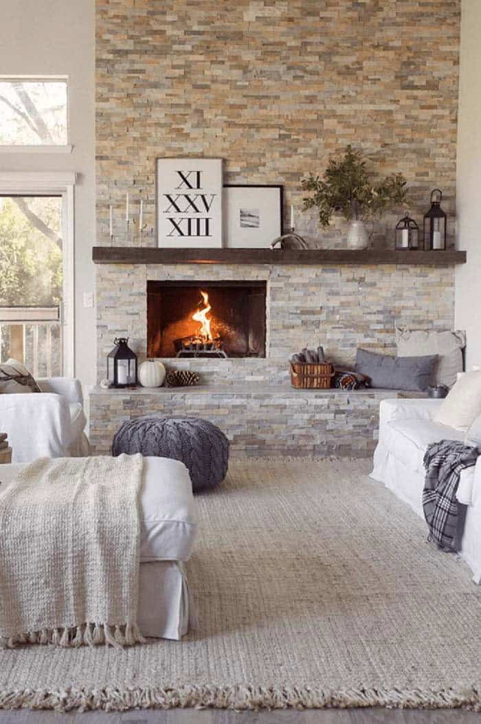 Enhance a Living Room Fireplace with Stone and Brick Tiles