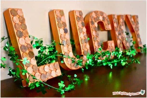 Give Your Lucky Sign a Rustic Look with Glued Pennies