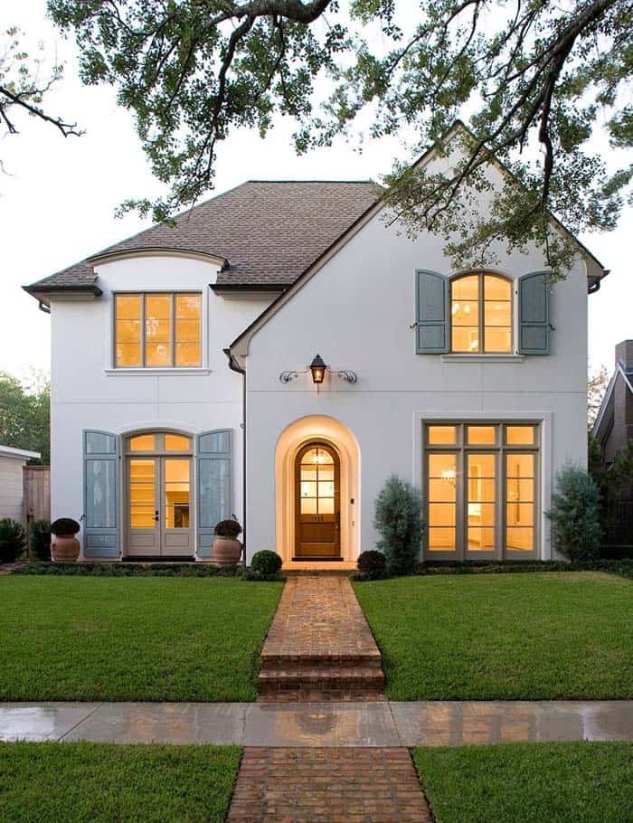 Slate Gray Window Shutters and Greige Window Trim