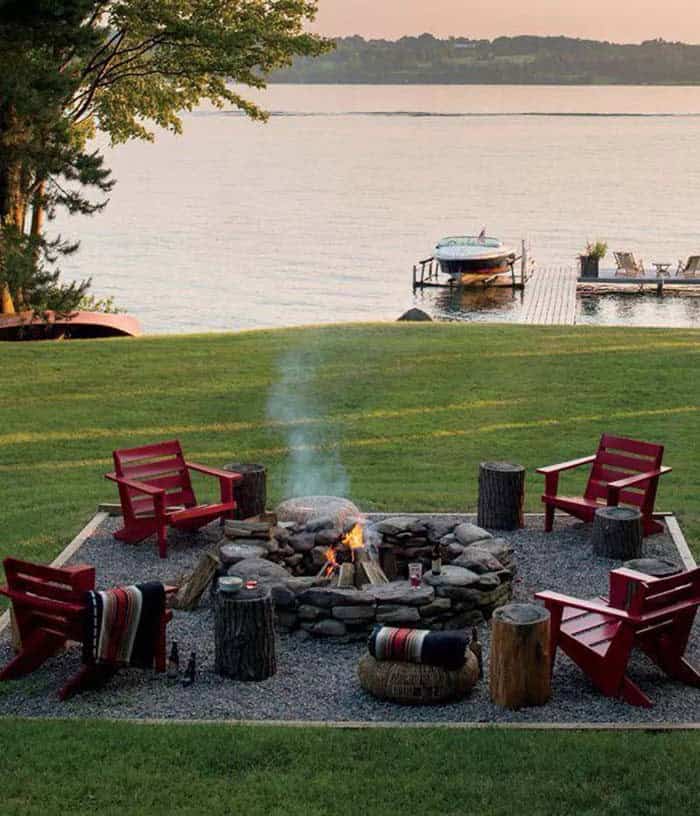 Enjoy the View with Red Adirondack Chairs and Stump Tables