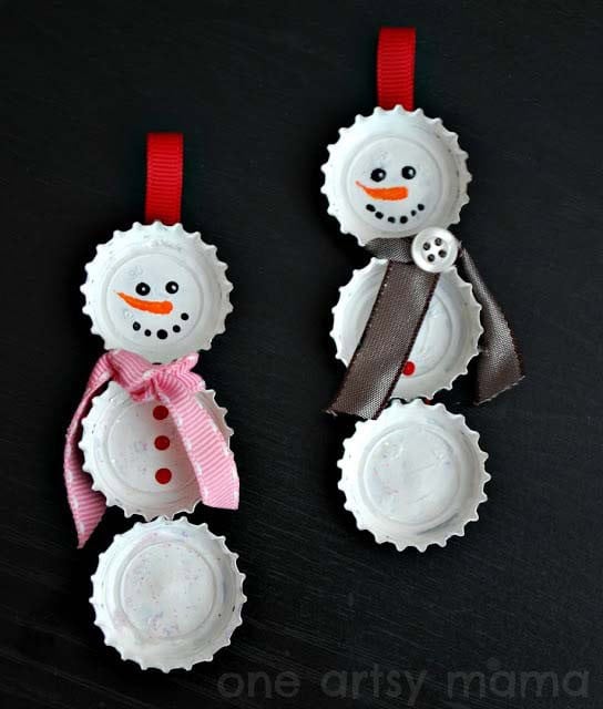 Create Festive Snowmen Ornaments with Recycled Bottle Caps