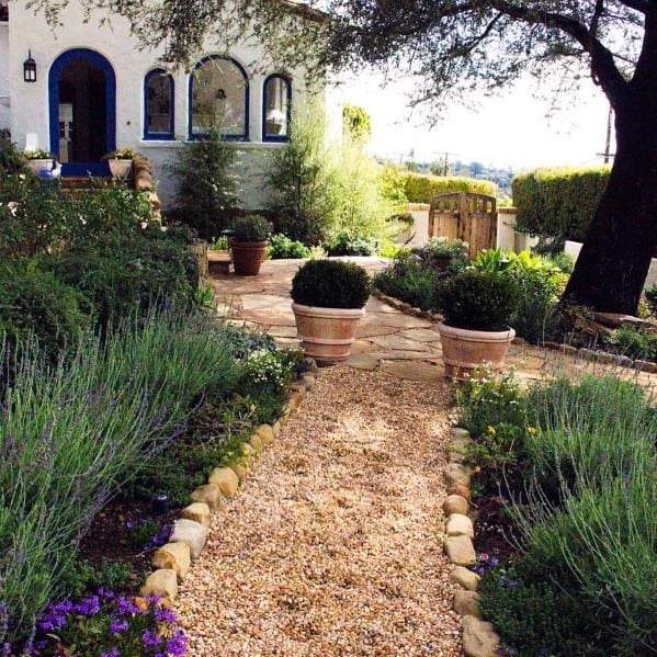 Garden Pathway with Lavender and Potted Bushes