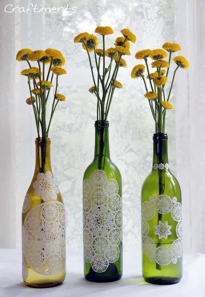 Decorate Empty Wine Bottles with Doilies